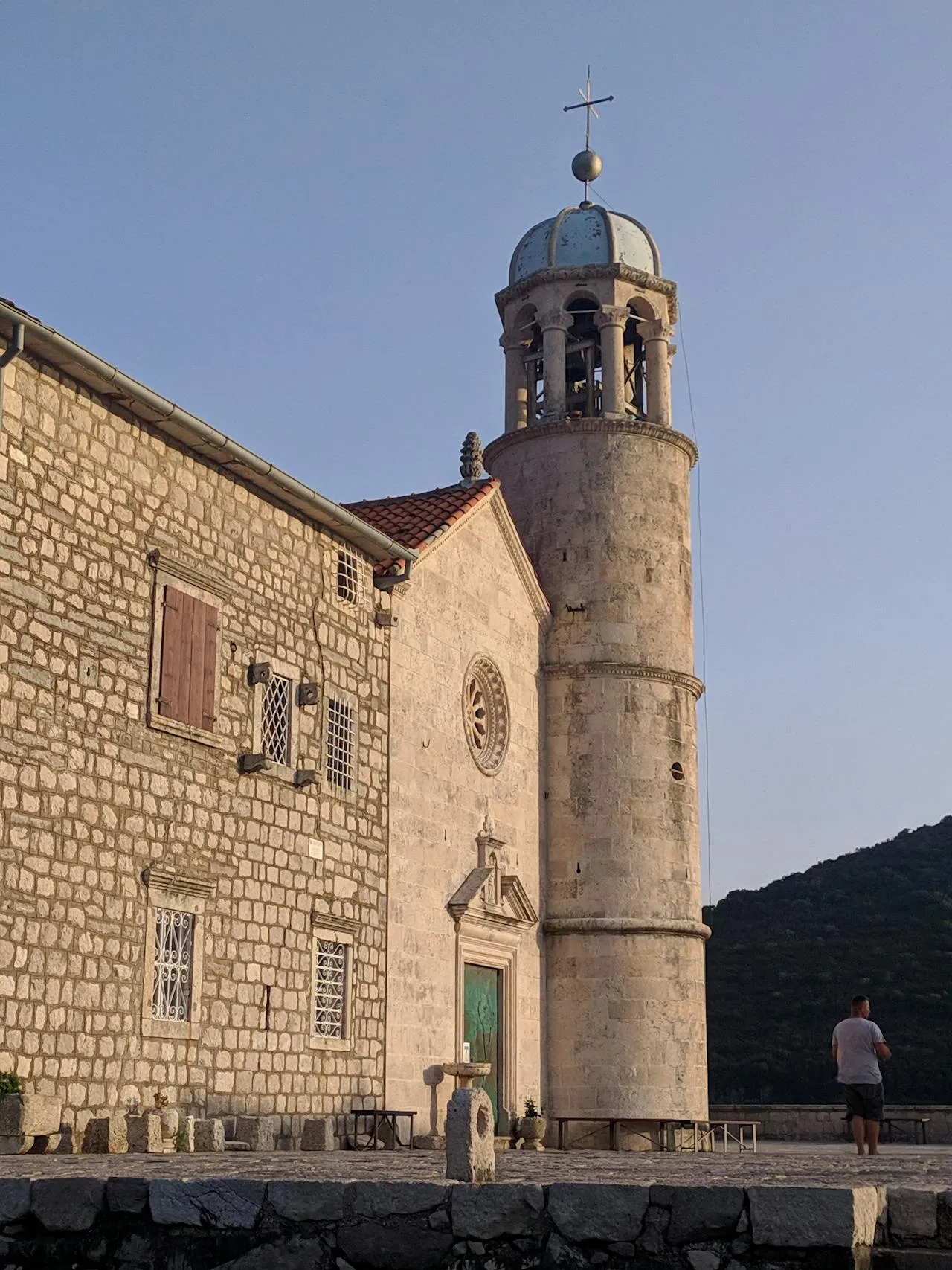Perast waterfront with the two islands in the bay beyond