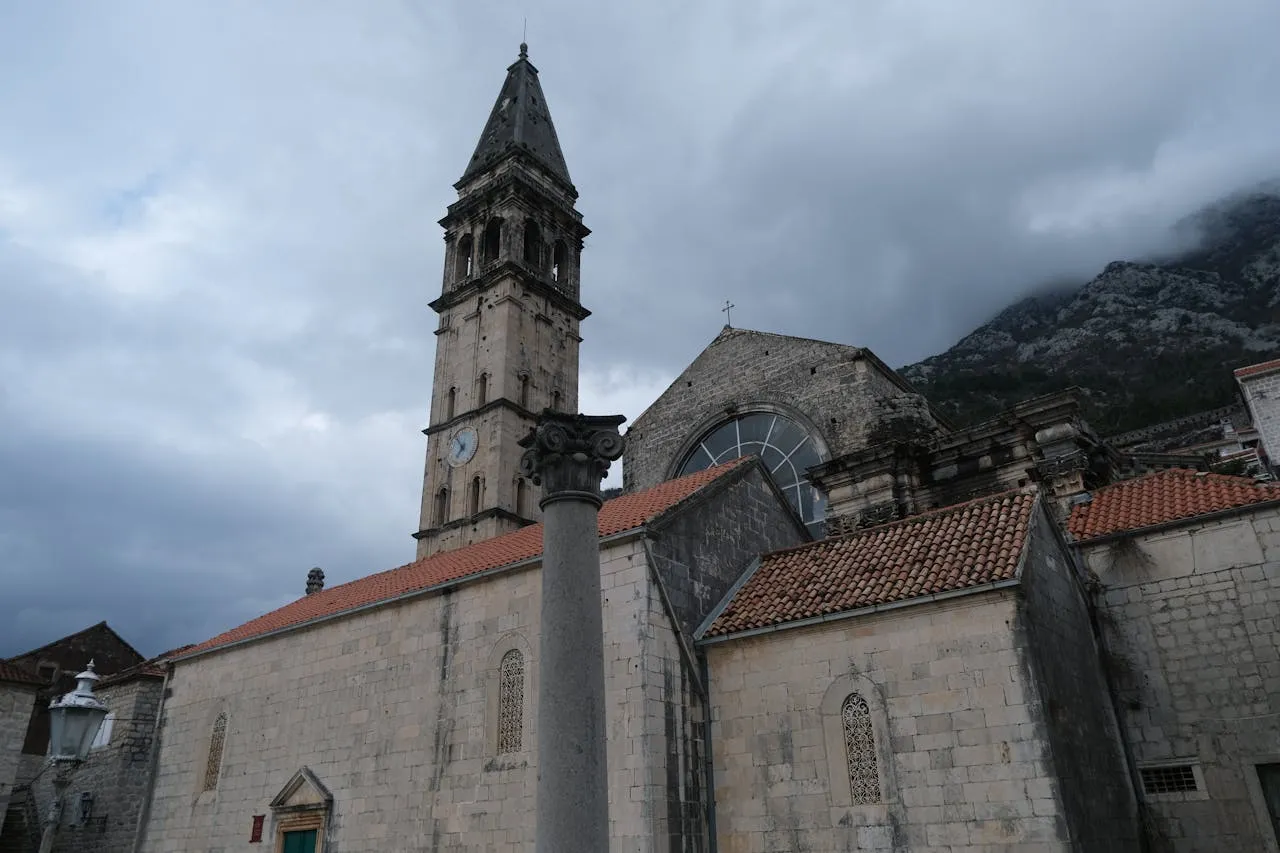 Perast waterfront with the two islands in the bay beyond